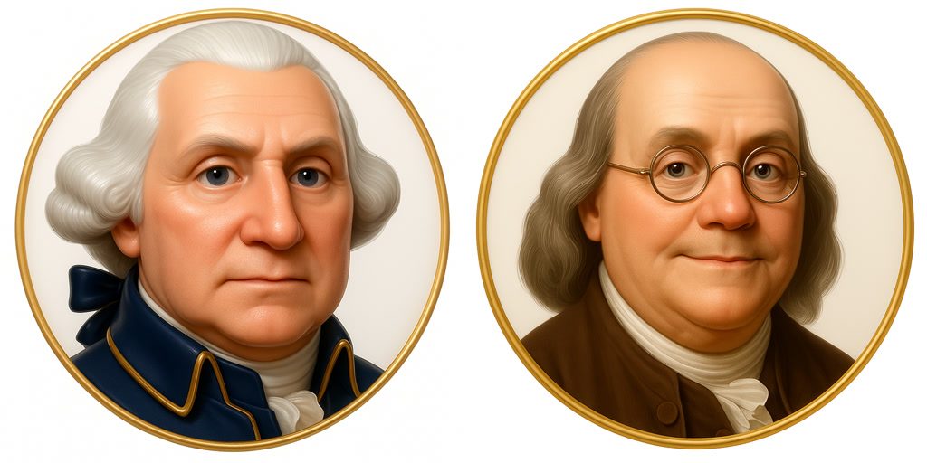 Painted portraits of George Washington and Benjamin Franklin